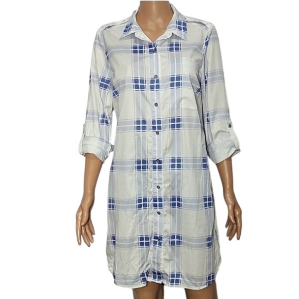 Michael Kors Women’s Button-Down Roll-up Sleeve Pleid Shirtdress blue/White Sz 8